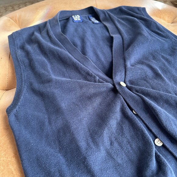 Vintage 90s Y2K GAP Navy Blue Cotton Sweater Vest Button Front - Men’s L, Unisex - Picture 3 of 6